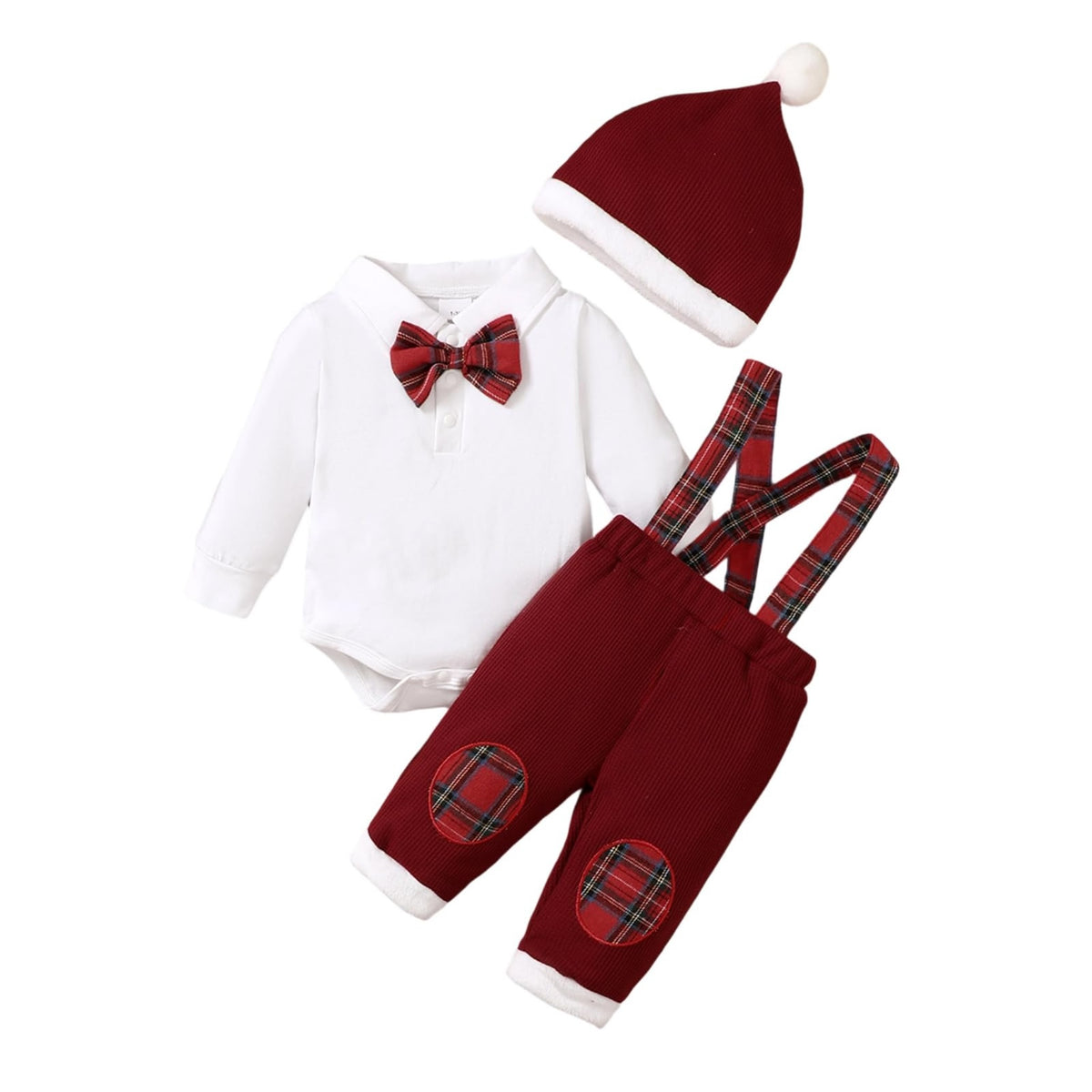 Little Gentleman | Conjunto Navideño Bebé Niño Mameluco Blanco + Pantalon Tirantes Cuadros + Gorro