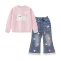 Conjunto 2 Piezas para Niña: Suéter Rosa con Gatito 3D y Jean Acampanado con Mariposas y Encaje