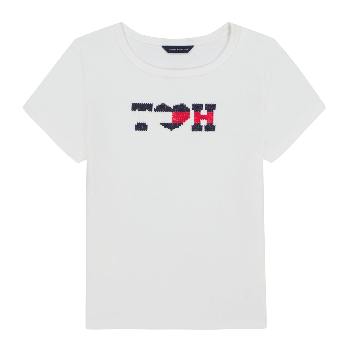 Tommy Hilfiger | Camiseta Nina Manga Corta | 100% Algodon | Cuello Redondo | Monograma T♥H Lentejuelas Navy + Rojo | Corte Ajustado | Blanco (7 - 16T)