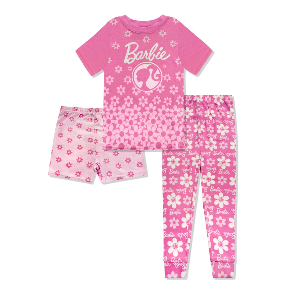 Set Pijama 3 Piezas Barbie Oficial Floral | Camiseta + Short + Pantalón + Elastano | Niña Toddler (12M-5T)