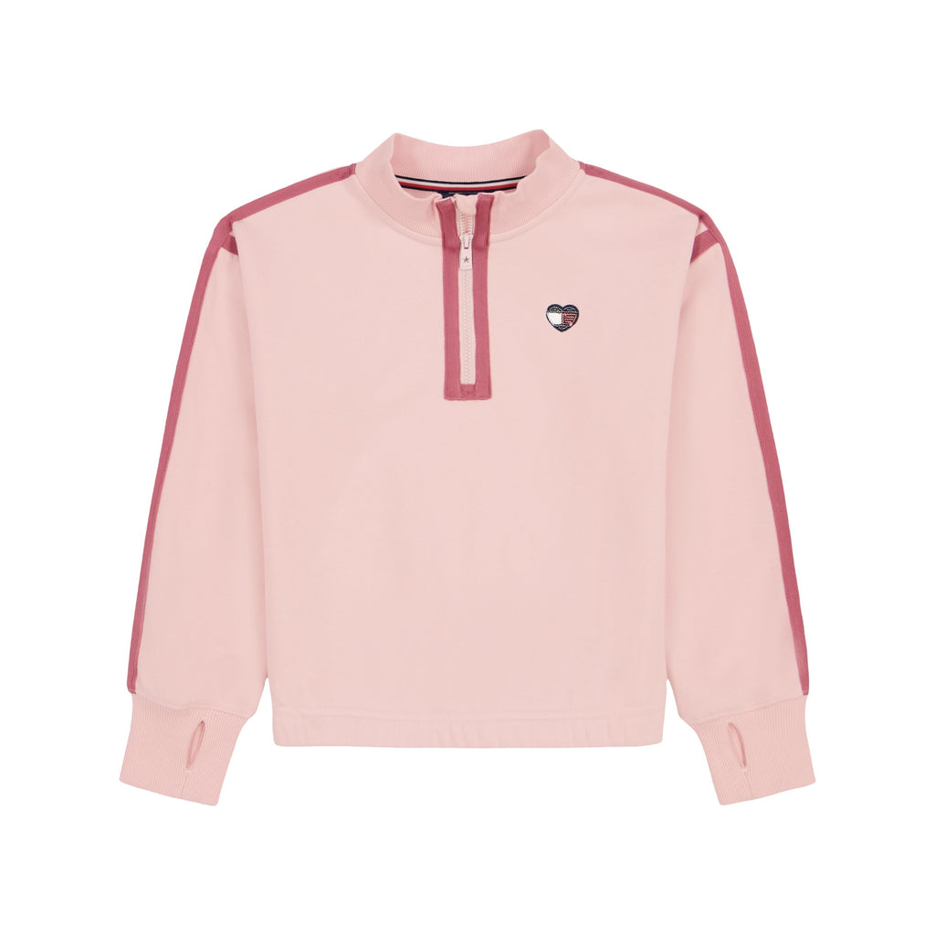 Quarter-Zip Fleece Tommy Hilfiger | Rosa Palo + Rayas Mauve + Parche Corazón Lentejuelas + Puños Acanalados | Niña (7T - 14T)