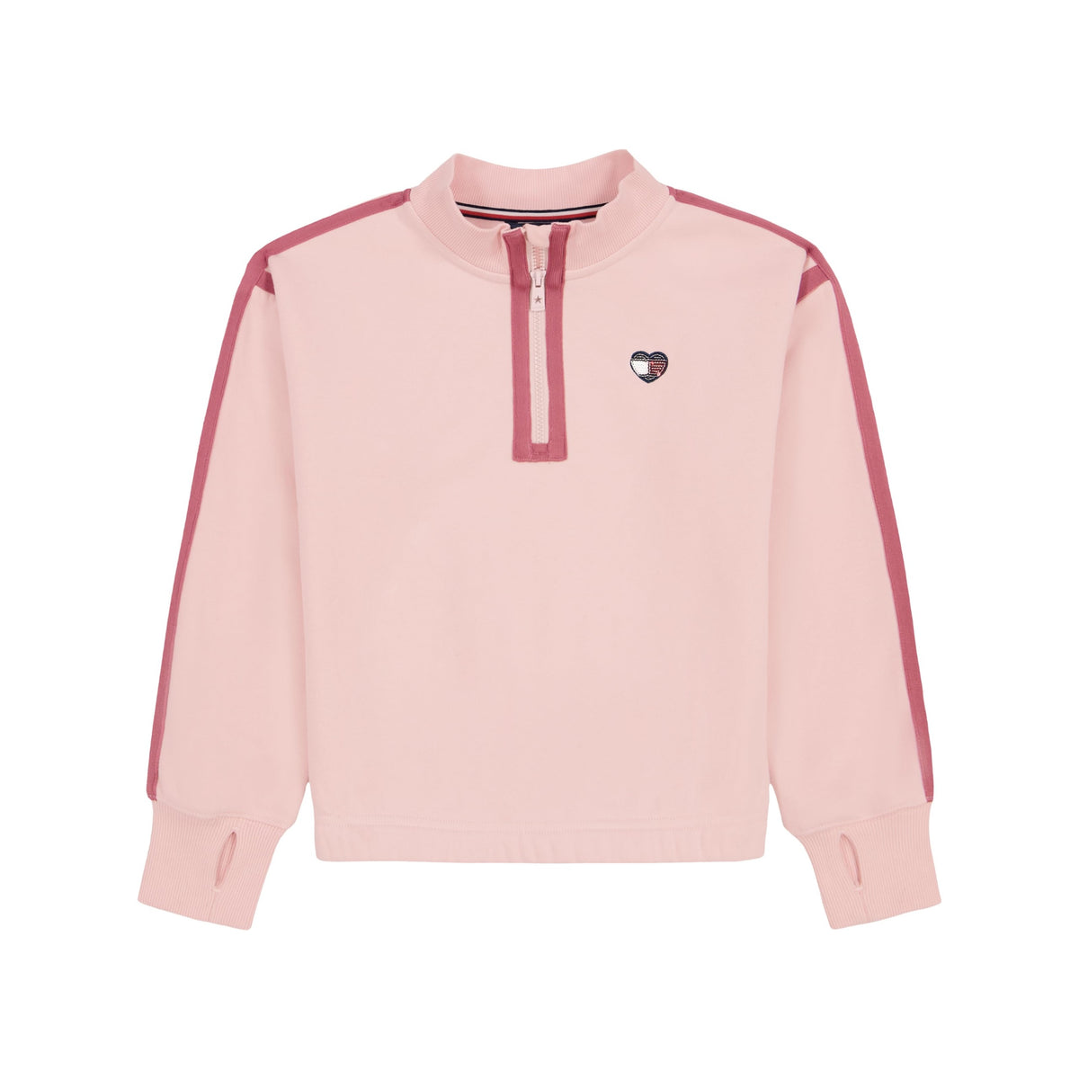 Quarter-Zip Fleece Tommy Hilfiger | Rosa Palo + Rayas Mauve + Parche Corazón Lentejuelas + Puños Acanalados | Niña (7T - 14T)