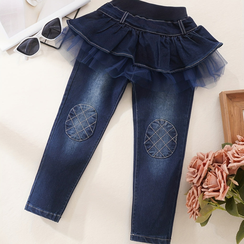 Jeans Casuales de Mezclilla para Niñas con Parches en las Rodillas y Tutú de Volantes (Estilo Ajustado y Moderno para Primavera y Otoño) (Solo 9-10Y)