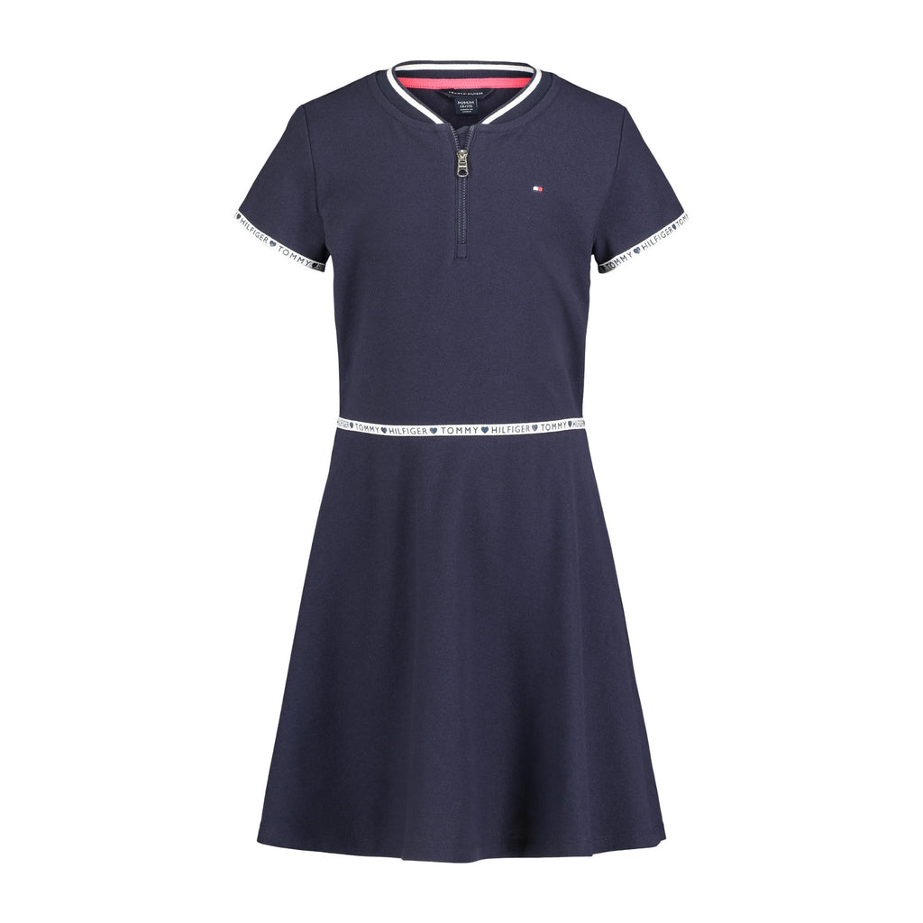Tommy Hilfiger Vestido Camiseta Niña | Azul Navy + Cinta Logo Cintura • Media Cremallera