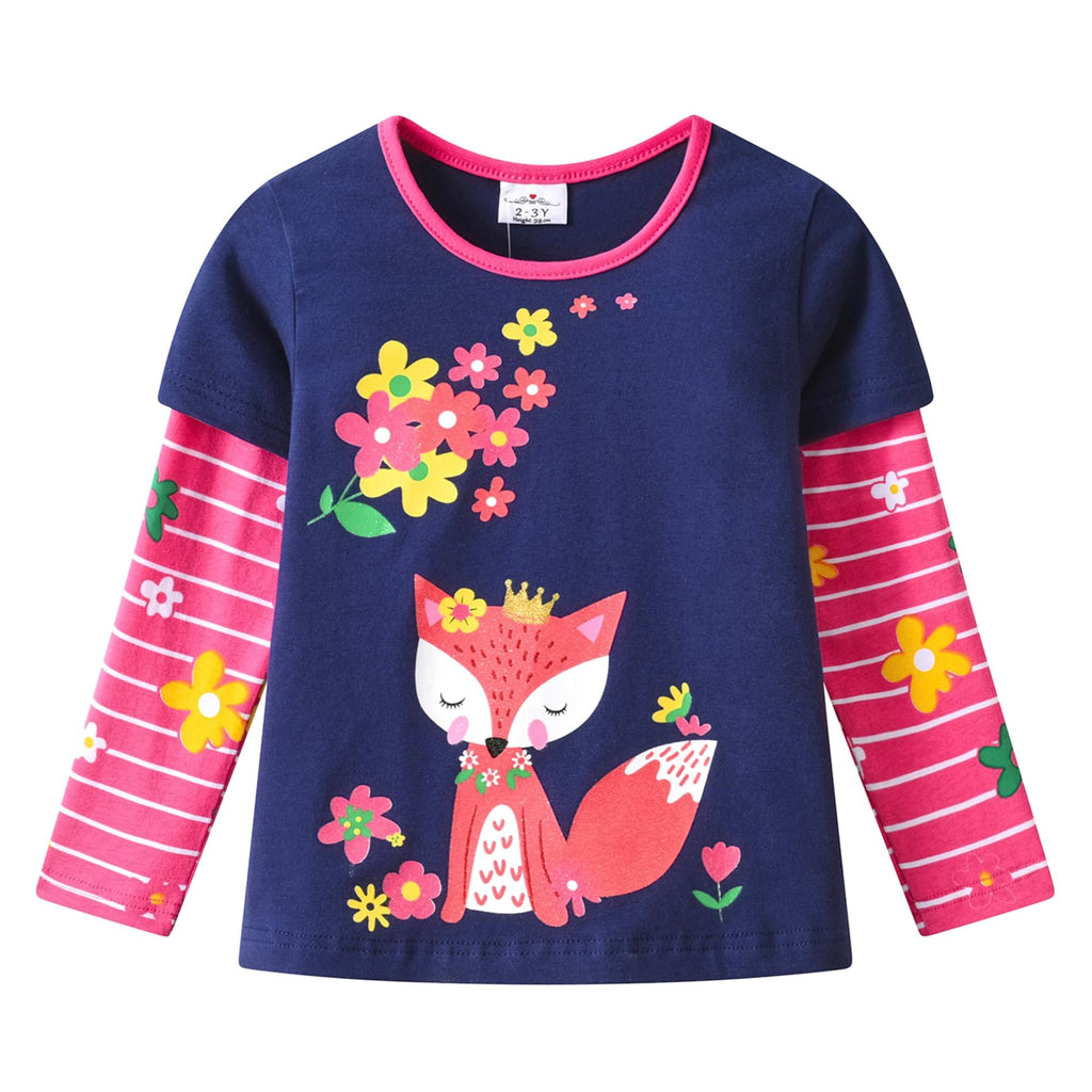 Top de Manga Larga con Zorro y Flores para Niñas – Azul Marino a Rayas Floral Rosa, Algodón, (2-12 Años )