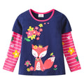 Top de Manga Larga con Zorro y Flores para Niñas – Azul Marino a Rayas Floral Rosa, Algodón, (2-12 Años )