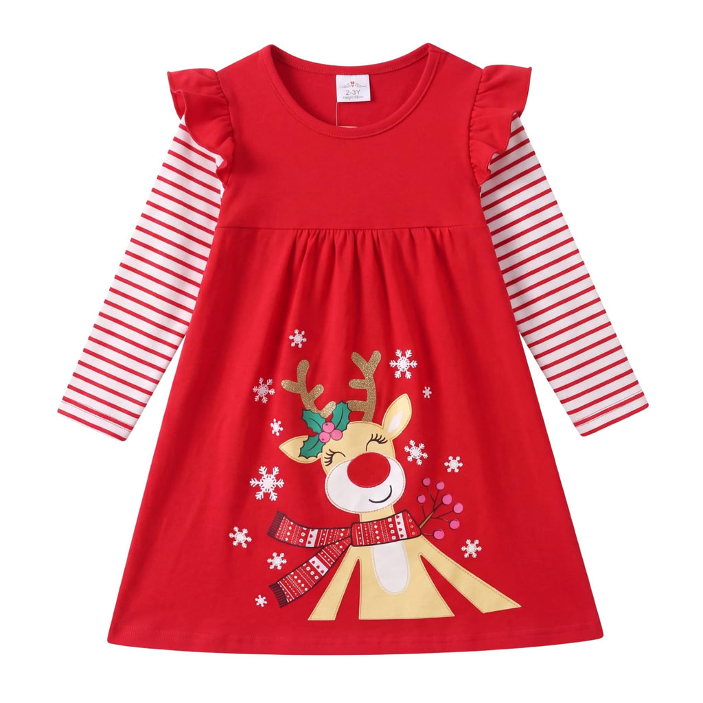 Vestido Niña | Algodón + Reno Rudolph Nariz Roja + Cuernos Dorados + Copos Nieve | Rojo/Blanco Navidad Flutter (3T - 8T)