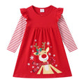 Vestido Niña | Algodón + Reno Rudolph Nariz Roja + Cuernos Dorados + Copos Nieve | Rojo/Blanco Navidad Flutter (3T - 8T)