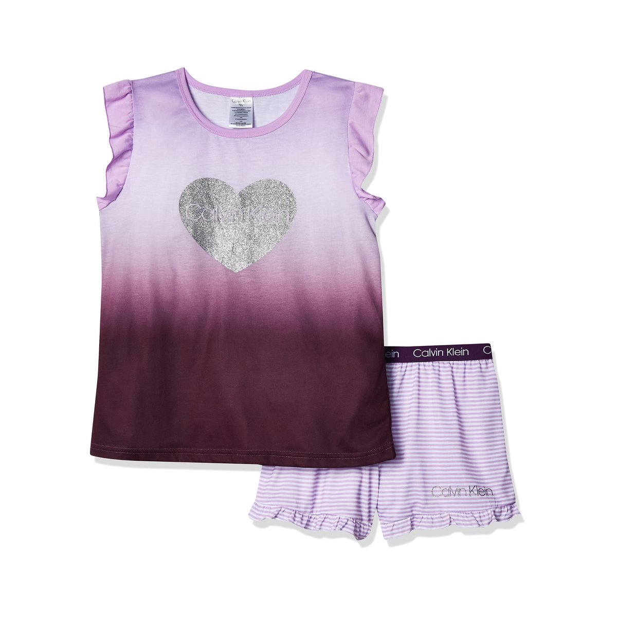 Pijama 2 Piezas Calvin Klein | Top Vuelo Ombré Lila/Borgoña + Corazón Glitter Plateado + Short Rayas Volante | Niña (6T - 16T)