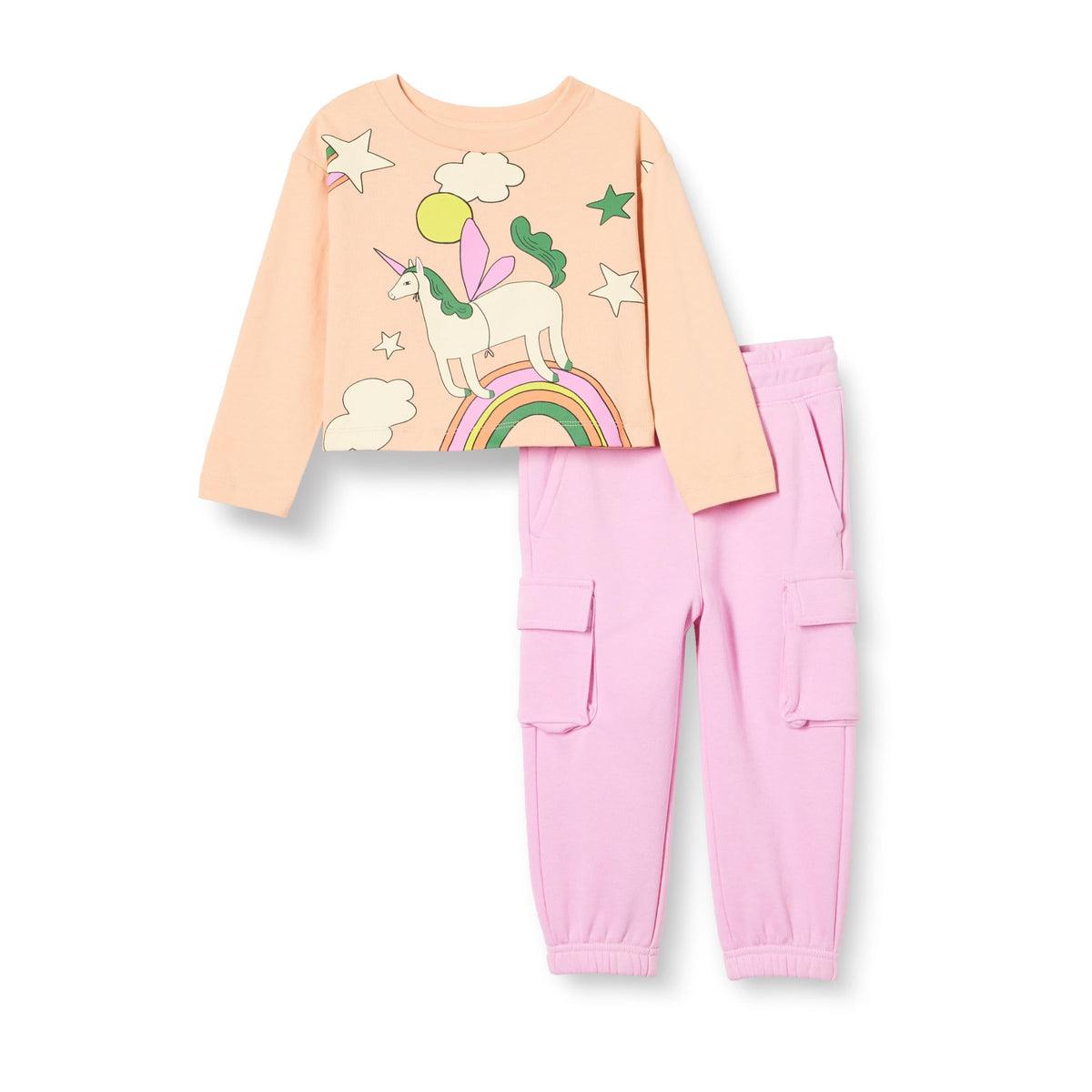 Amazon Essentials Conjunto 2 Piezas Niña | Unicornio Salmón + Pantalón Cargo Rosa