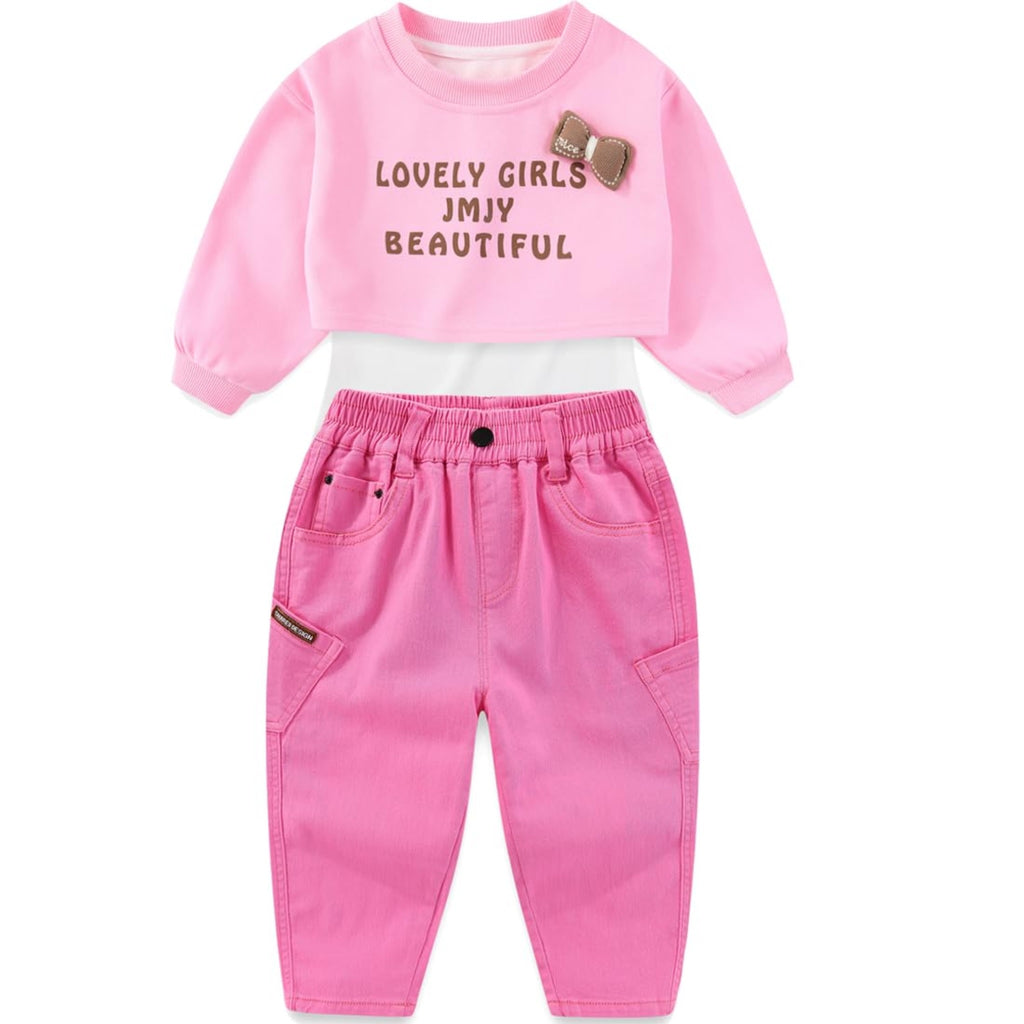 Conjunto 3 Piezas para Niña: Crop Top “Lovely Girls” con Lazo 3D, Camiseta Blanca y Jeans Rosa