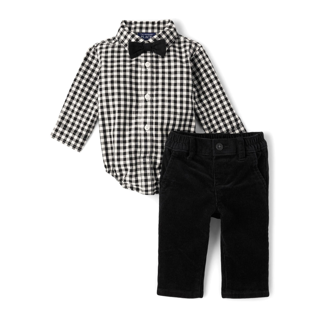 Conjunto Formal 3 Piezas The Children's Place | Bodysuit Gingham Negro Blanco + Corduroy Negro + Pajarita | Bebé Niño (0M - 12M)