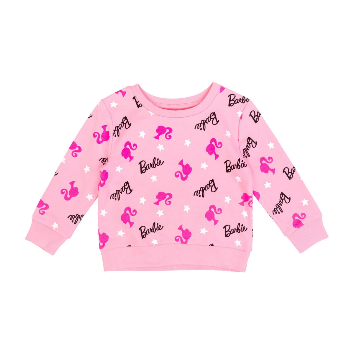 Barbie | Sudadera Nina Manga Larga | Felpa Francesa 60% Algodon 40% Poliester | Estampado All-Over Silueta Ponytail + Logo Cursivo + Estrellas Blancas | Cuello Redondo | Punos y Cintura Acanalados | Rosa (2 - 16)