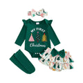 My First Christmas Arbolitos | Conjunto Navideño Verde Bebé Niña Falda Floral + Medias + Diadema