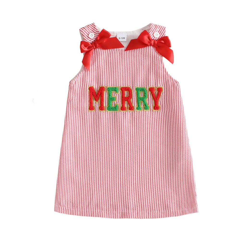 Merry Varsity Red Girl | Vestido Rayas Rojo/Blanco Niña — Sin Mangas + Cuello Redondo + Letras MERRY Chenille + Lazos Rojos