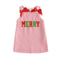 Merry Varsity Red Girl | Vestido Rayas Rojo/Blanco Niña — Sin Mangas + Cuello Redondo + Letras MERRY Chenille + Lazos Rojos