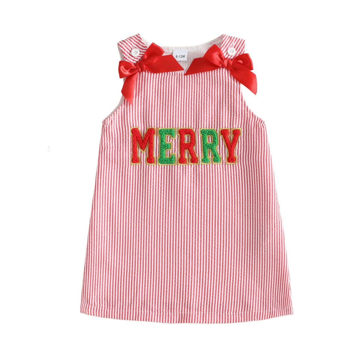 Merry Varsity Red Girl | Vestido Rayas Rojo/Blanco Niña — Sin Mangas + Cuello Redondo + Letras MERRY Chenille + Lazos Rojos