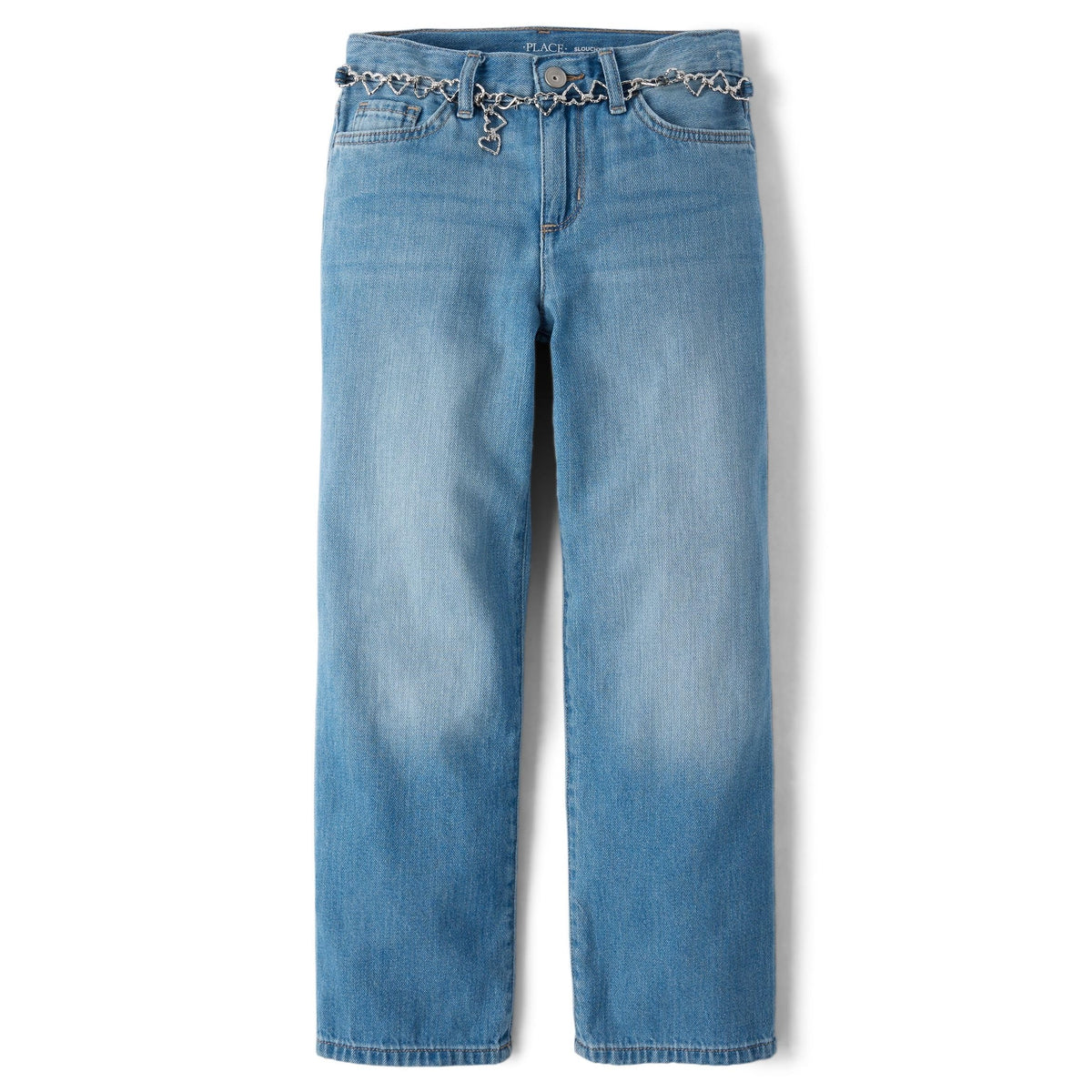 Jean Slouchy The Children's Place | Azul Medio + Cadenón Plateado de Corazones Incluido + 100% Algodón | Niña (6T, 8T, 12T, 14T, y 16T)