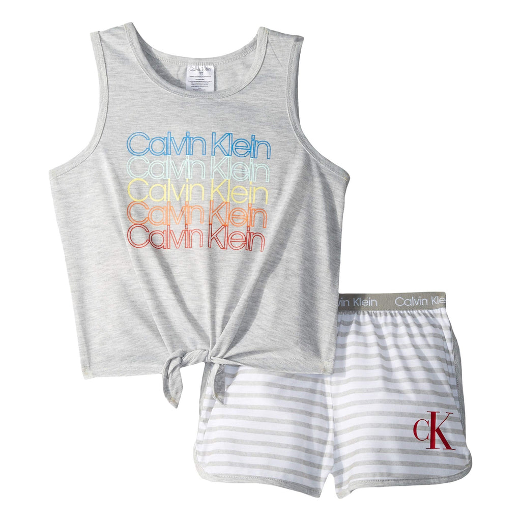 Pijama 2 Piezas Calvin Klein | Tank Top Logo Arcoíris Nudo Frontal + Short Rayas Cintura CK | Niña Gris (6T - 16T)