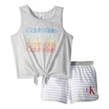 Pijama 2 Piezas Calvin Klein | Tank Top Logo Arcoíris Nudo Frontal + Short Rayas Cintura CK | Niña Gris (6T - 16T)