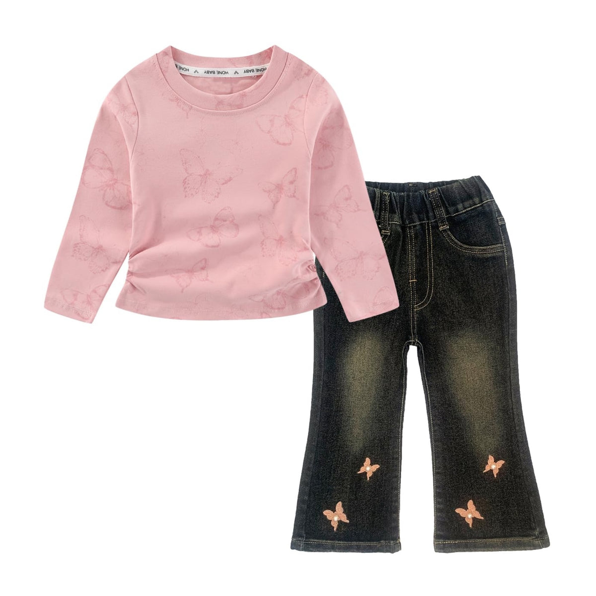 Conjunto 2 Piezas para Niña: Camiseta Rosa Mariposas Jacquard Relieve y Jeans Campana con Mariposas Bordadas
