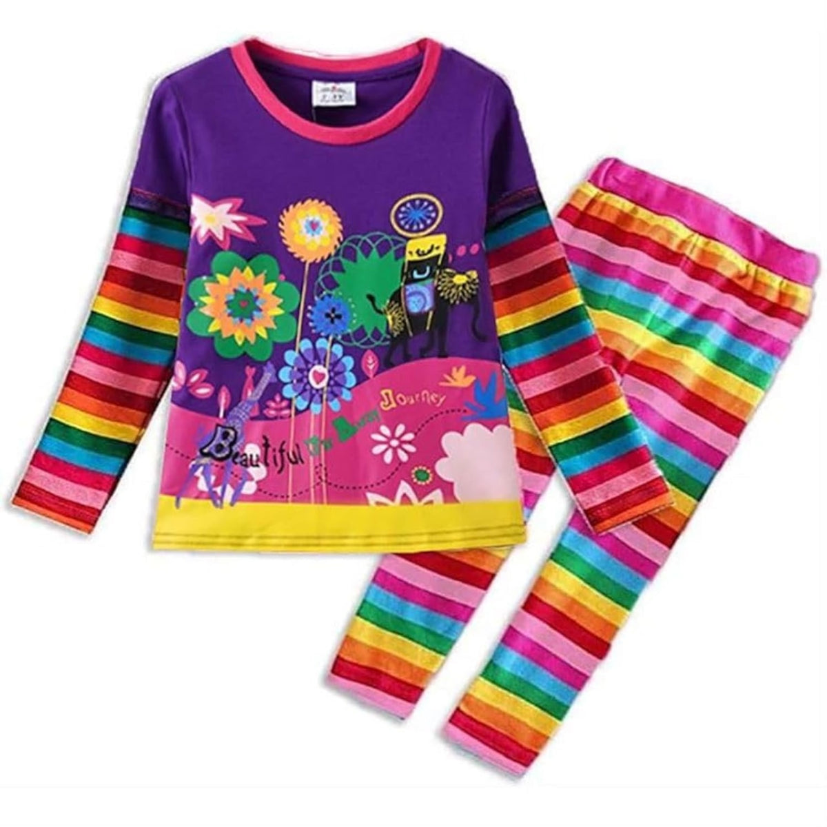 Conjunto 2 Piezas Top y Leggings “Beautiful Journey” para Niñas – Morado con Rayas Arcoíris, Algodón  (2-12 Años)