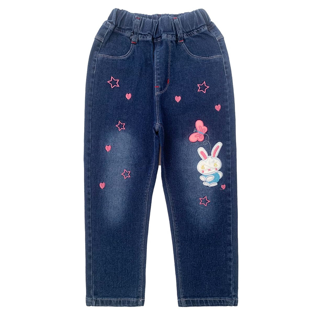 Jean Recto Niña | Azul Medio Desgastado • Aplique Conejito con Mariposa Rosa • Estrellas y Corazones Bordados
