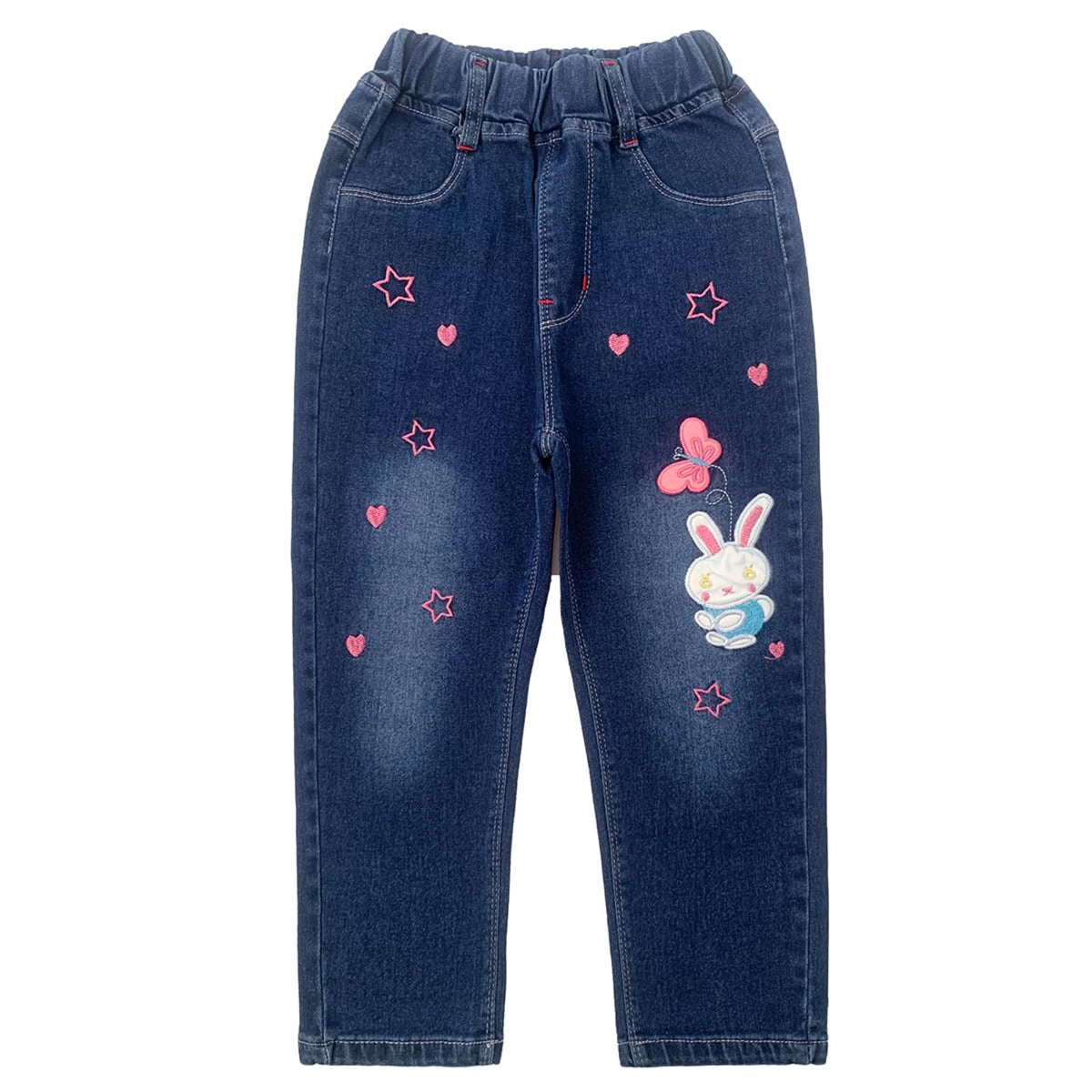 Jean Recto Niña | Azul Medio Desgastado • Aplique Conejito con Mariposa Rosa • Estrellas y Corazones Bordados