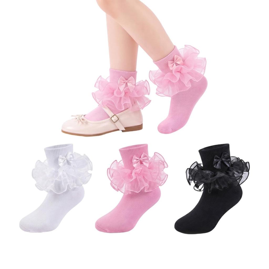 Calcetines Nina Pack 3 Pares Volantes Encaje Tutu Doble Capa Lazo Cinta 3D Blanco Rosa Negro Organza Princesa Boda Ballet (1 - 10T)