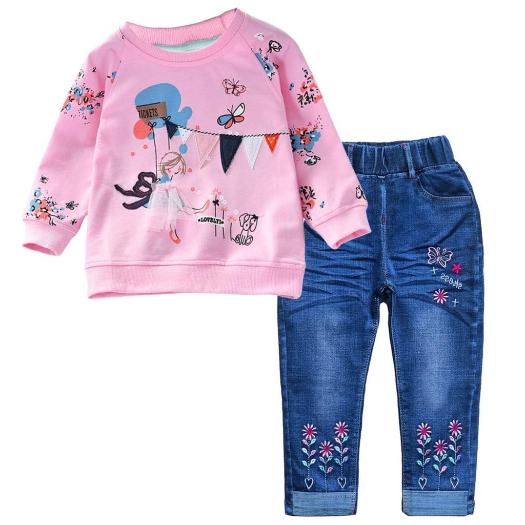 Conjunto 2 Piezas para Niña: Sudadera Rosa Lovely Tickets con Escena Ilustrada y Jeans con Flores y Mariposa Bordadas
