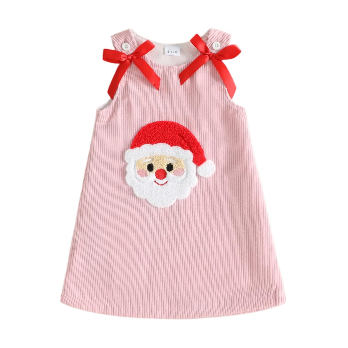 Santa Corduroy Pink Girl | Vestido Pana Rosa Niña — Sin Mangas + Cuello Redondo + Aplicación Papa Noel 3D + Lazos Rojos + Botones Blancos