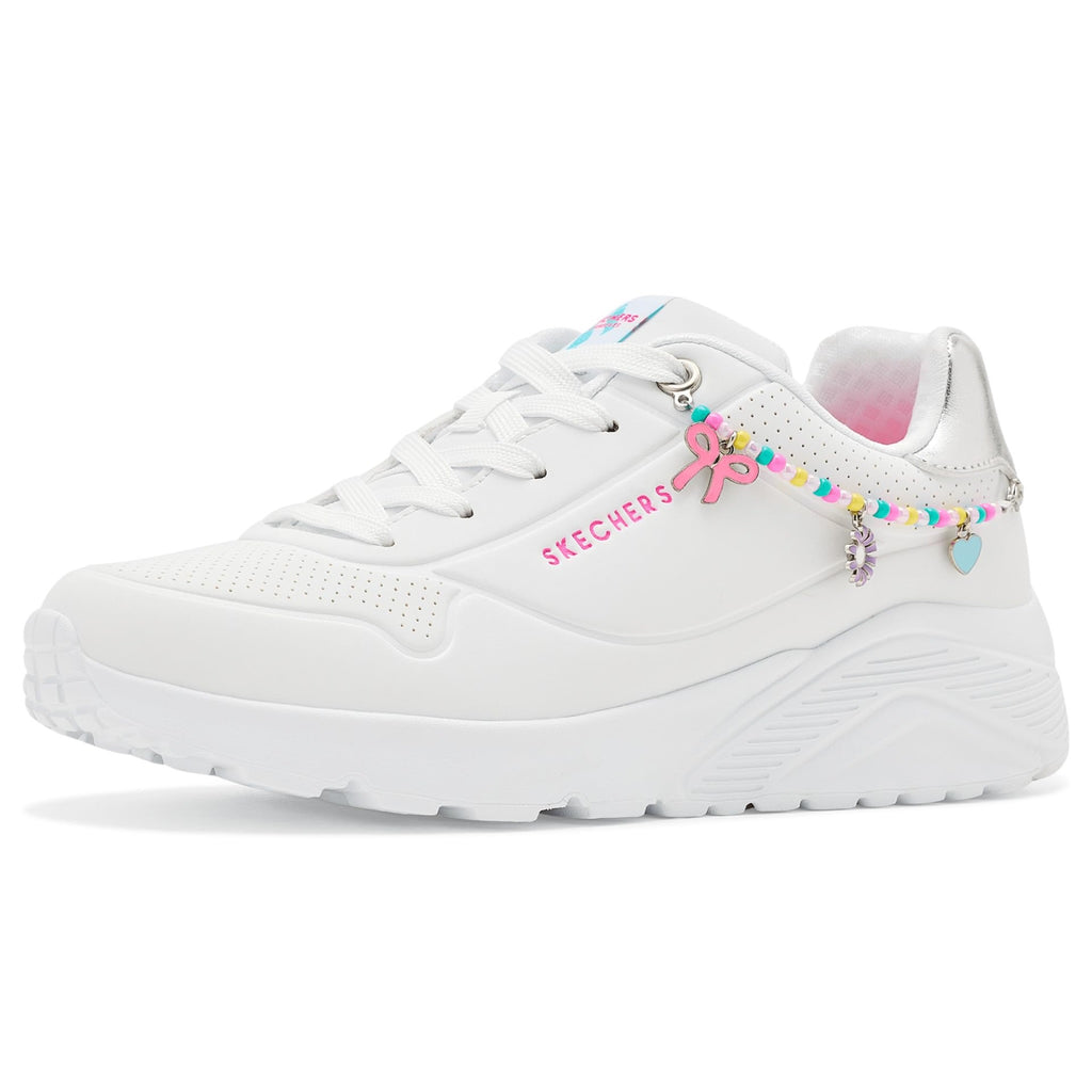 Skechers - Tenis Deportivos Uno Lite - Charming Lite con Detalle de Pulsera de Dijes para Niña (Blanco/Platead) (Talla 27 - 40)