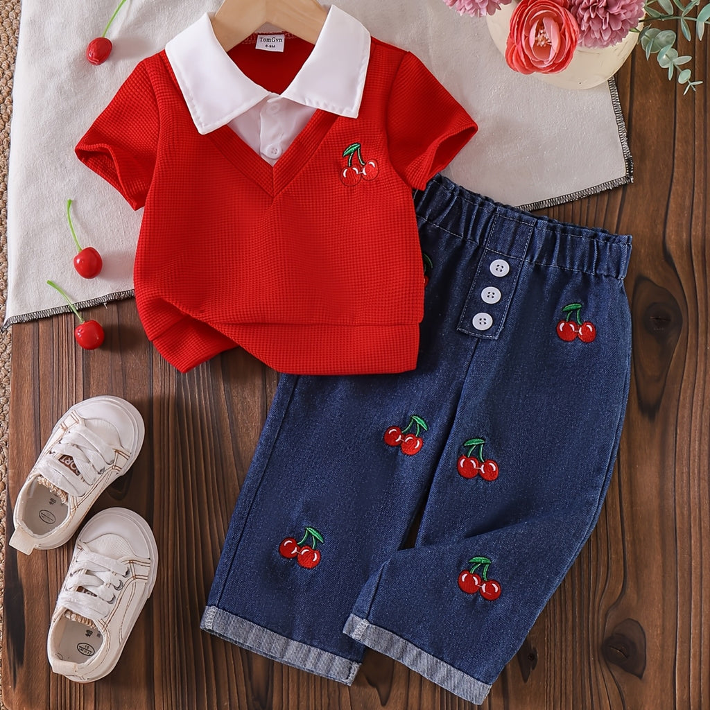 Conjunto de 2 Piezas para Niña: Blusa Roja Texturizada con Cuello en V Blanco y Pantalón de Mezclilla con Bordado de Cerezas (6M - 18M)
