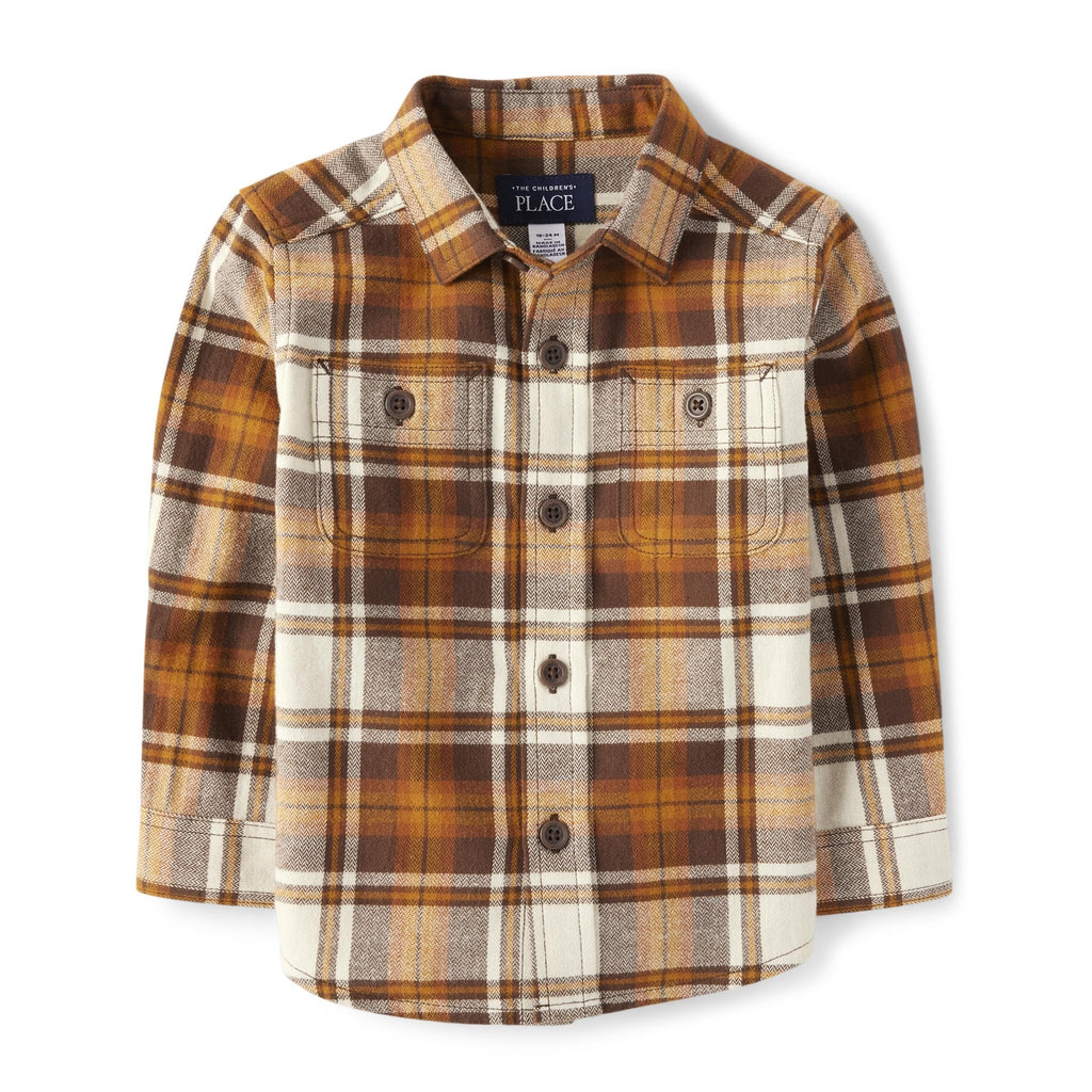The Children's Place Camisa Franela Niño | Cuadros Miel/Café/Crema • Manga Larga • 100% Algodón
