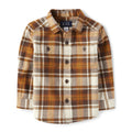 The Children's Place Camisa Franela Niño | Cuadros Miel/Café/Crema • Manga Larga • 100% Algodón