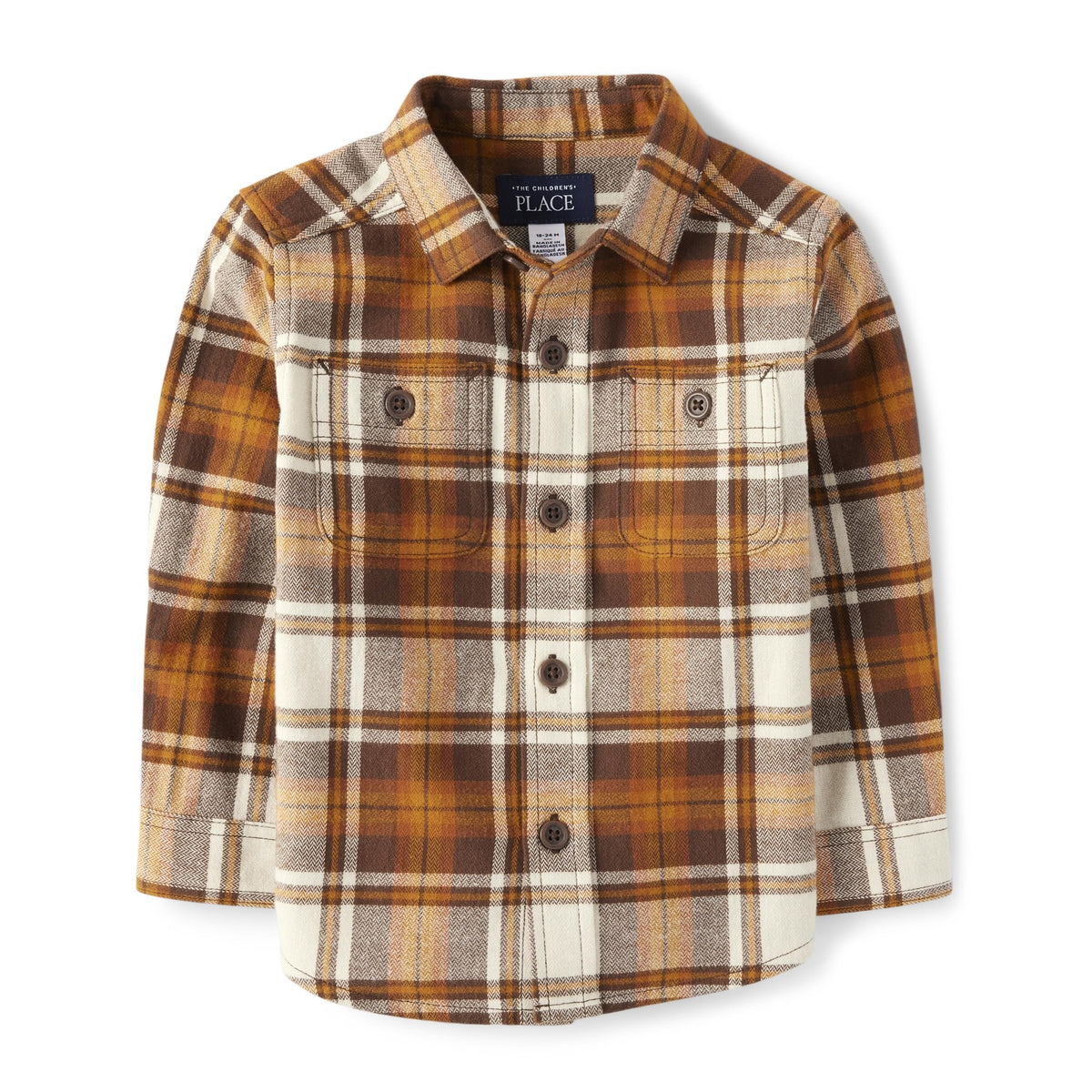The Children's Place Camisa Franela Niño | Cuadros Miel/Café/Crema • Manga Larga • 100% Algodón