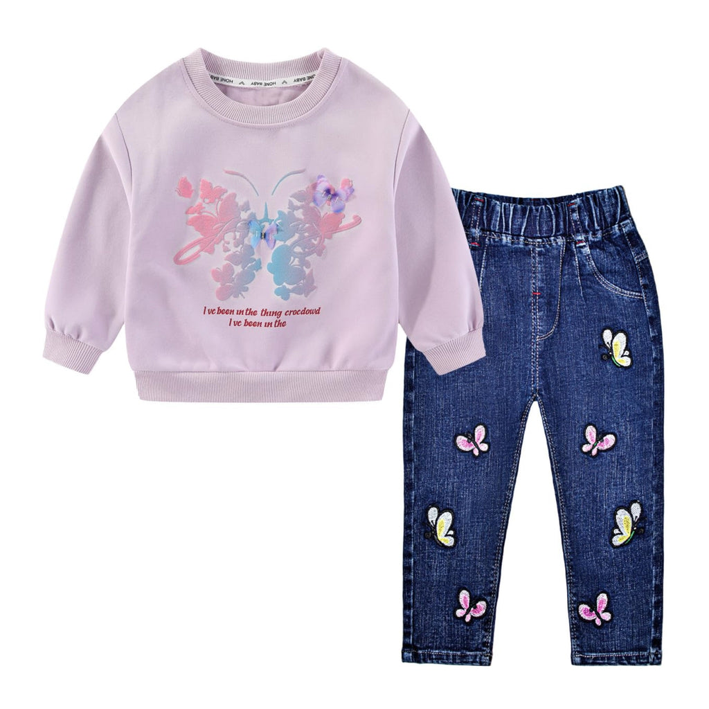 Conjunto 2 Piezas para Niña: Sudadera Lila con Mariposa Floral Acuarela y Jeans con Mariposas Bordadas