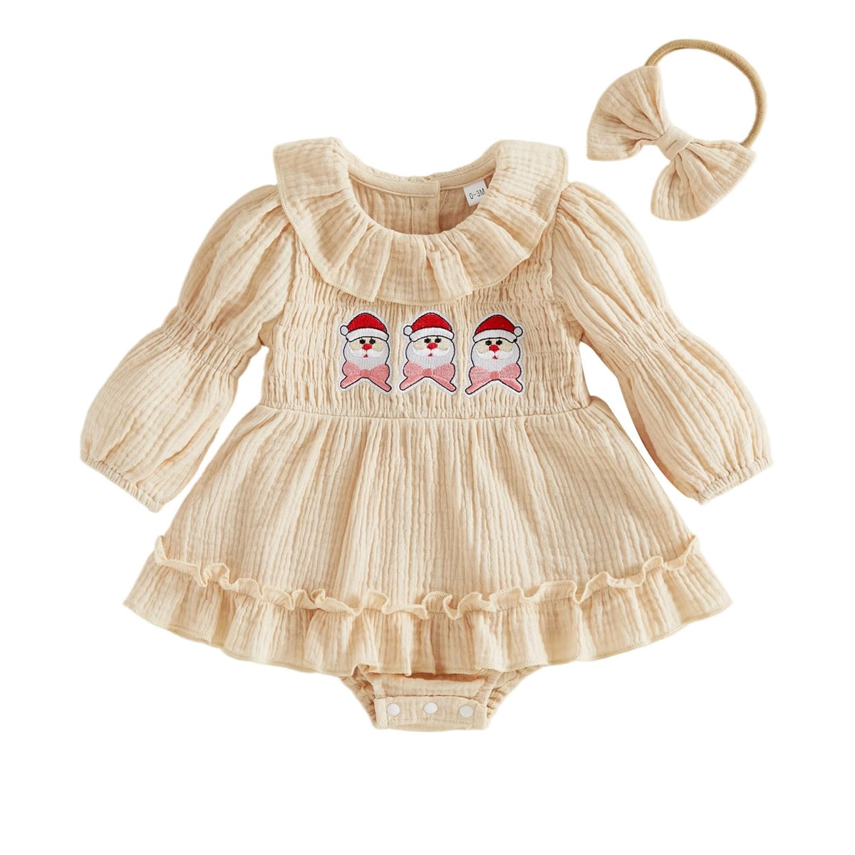 Santa Smocked Romper Beige | Mameluco Vestido Crema Bebé Niña — Cuello Muñeca + Mangas Abombadas + Papa Noel Bordado + Diadema