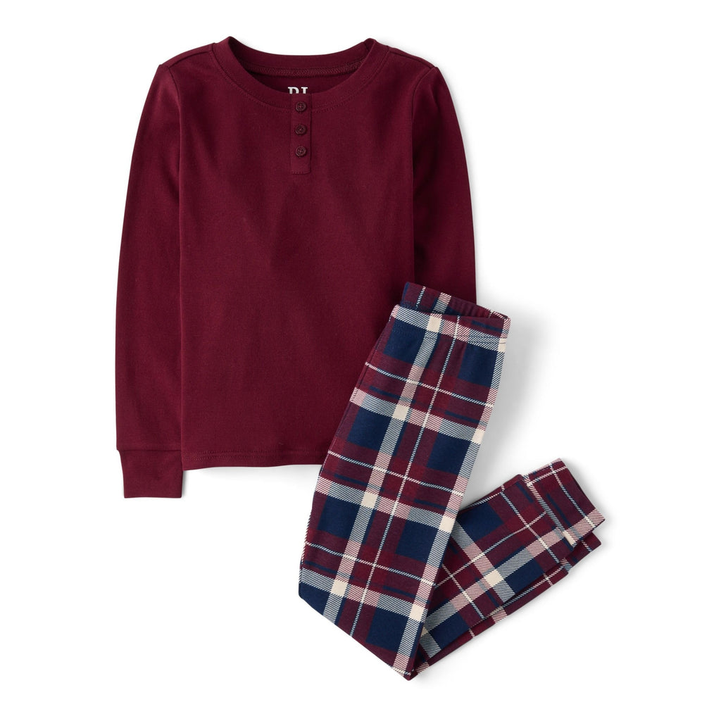 Pijama 2 Piezas The Children's Place | Henley Bordó Sólido + Cuadros Escoceses Tartan Navy | Unisex Holiday Navidad (4T - 16T)