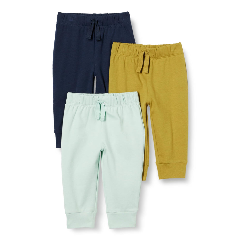 Pack 3 pantalones jogger algodón bebé unisex: azul marino liso, mostaza verde oliva liso y menta aqua liso - cintura elástica cordón a tono puños tobillo