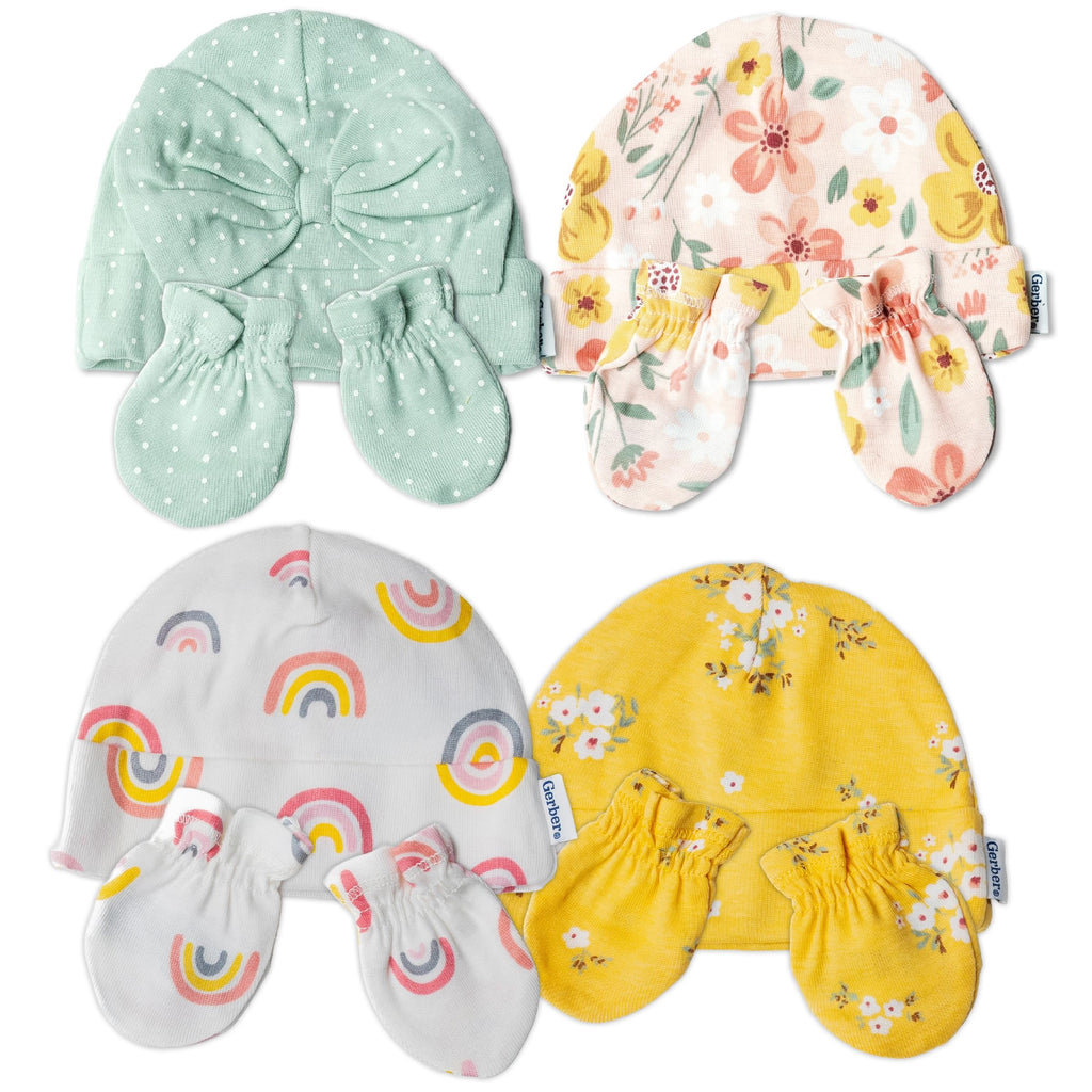 Set 8 Piezas Gorros Turbante y Manoplas para Bebé Niña – Floral y Arcoíris, 100% Algodón, Recién Nacido a 3 Meses
