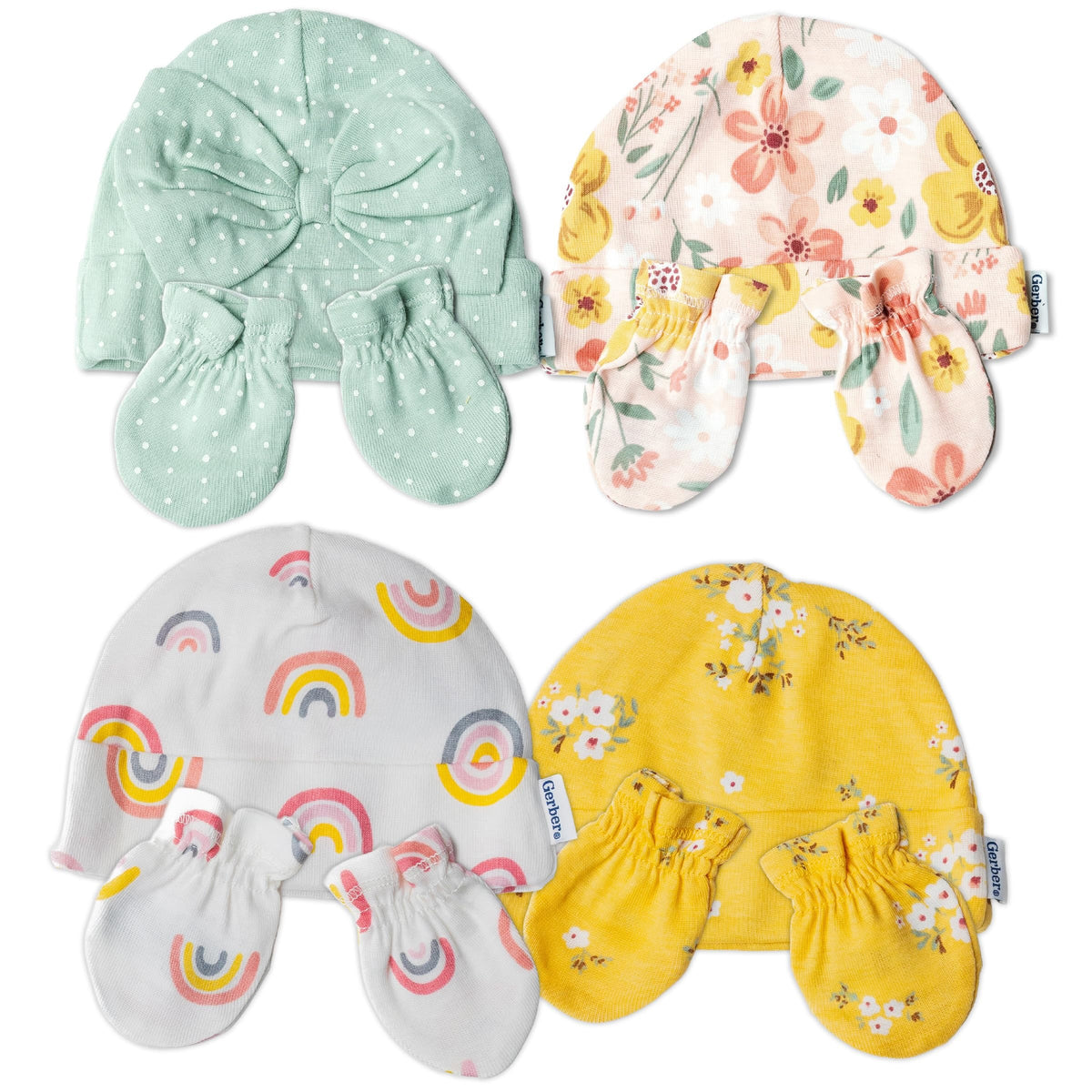 Set 8 Piezas Gorros Turbante y Manoplas para Bebé Niña – Floral y Arcoíris, 100% Algodón, Recién Nacido a 3 Meses