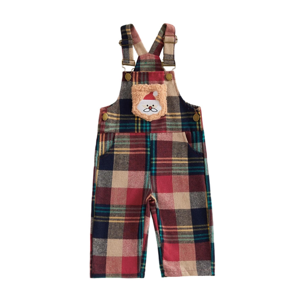 Santa Plaid Overol Navideño Niño | Peto Cuadros Rojo/Navy + Papa Noel Bordado + Tirantes Ajustables — Bebé y Niño