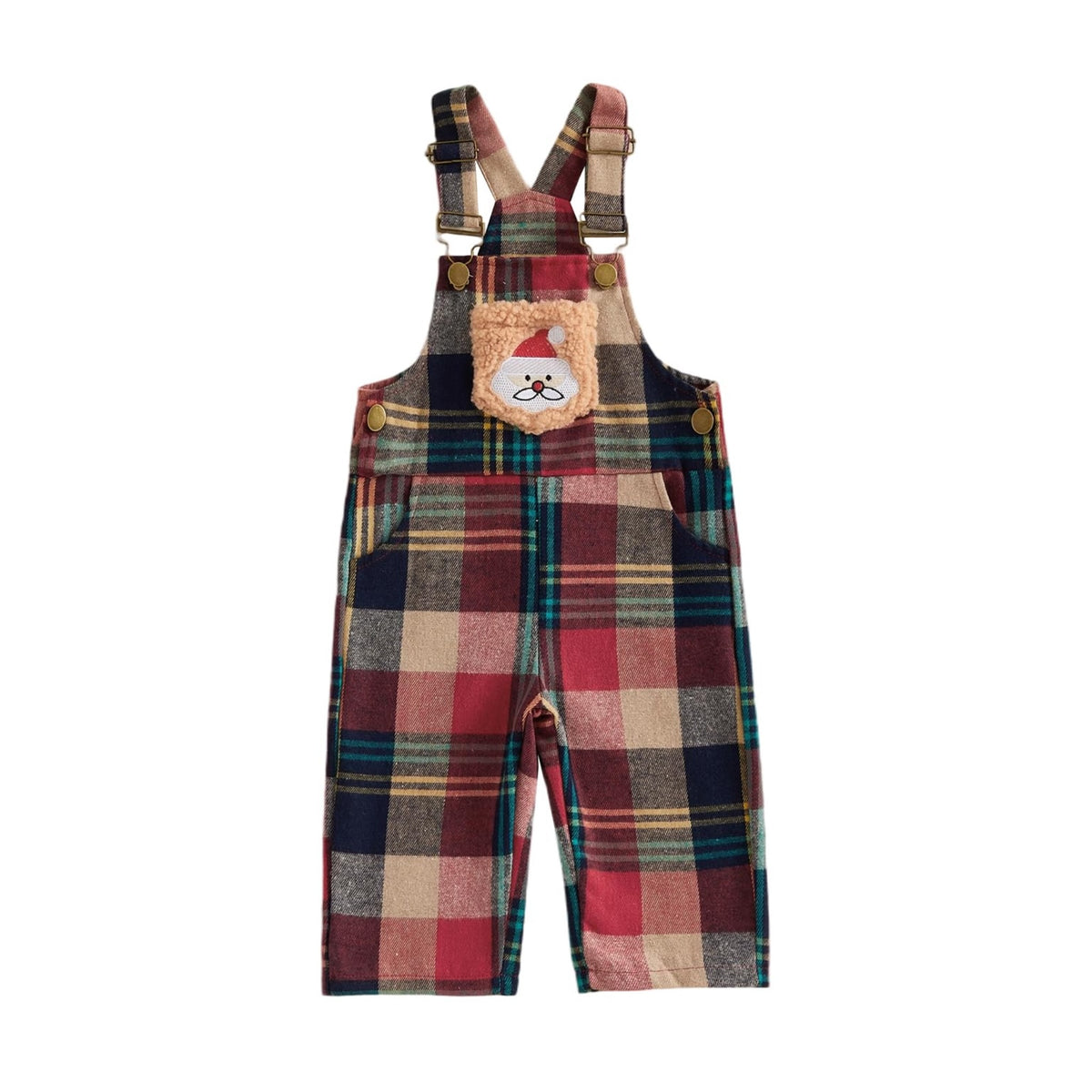 Santa Plaid Overol Navideño Niño | Peto Cuadros Rojo/Navy + Papa Noel Bordado + Tirantes Ajustables — Bebé y Niño