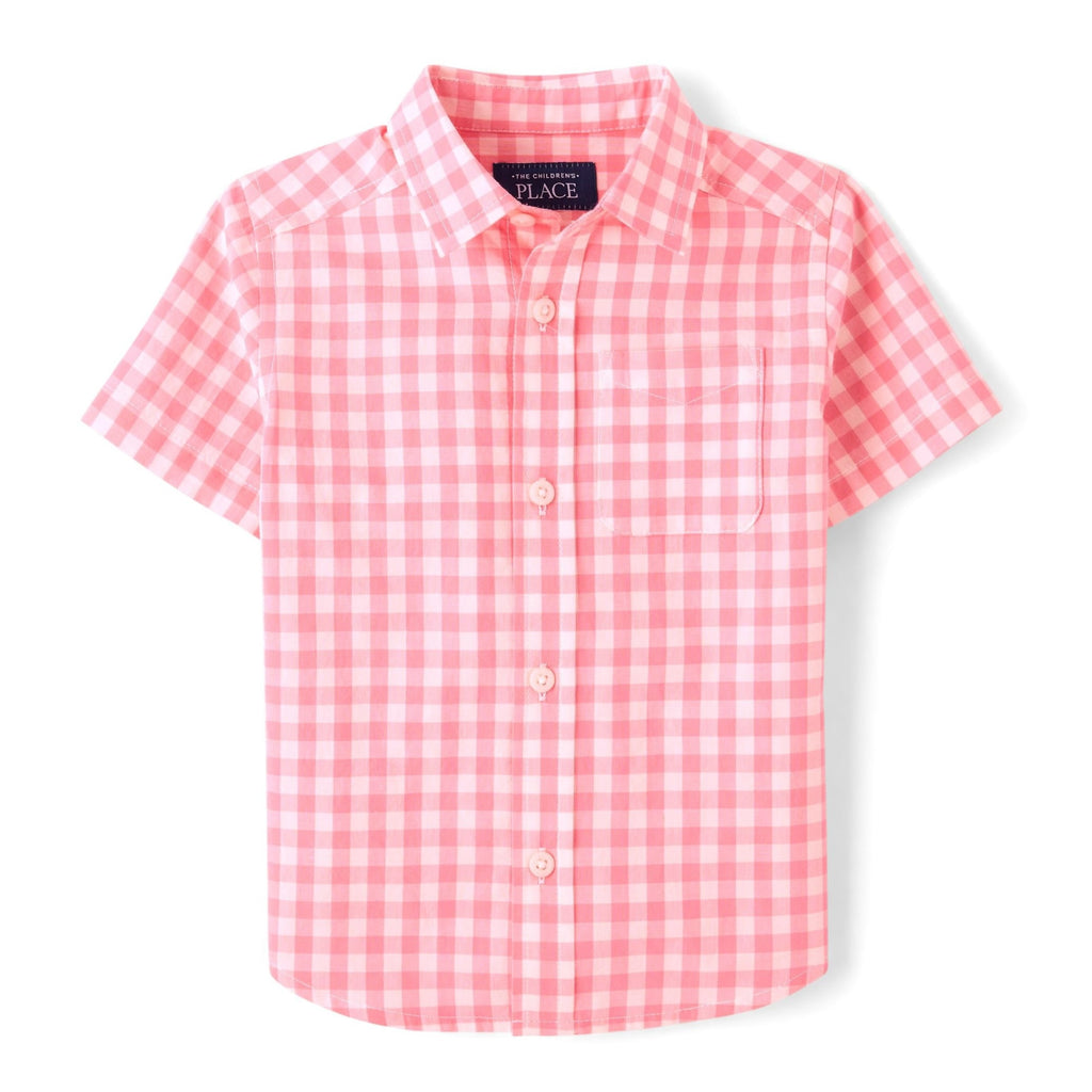The Children's Place | Camisa Popelín Manga Corta Gingham Rosa Coral Blanco Bebé Niño (6M - 5T)