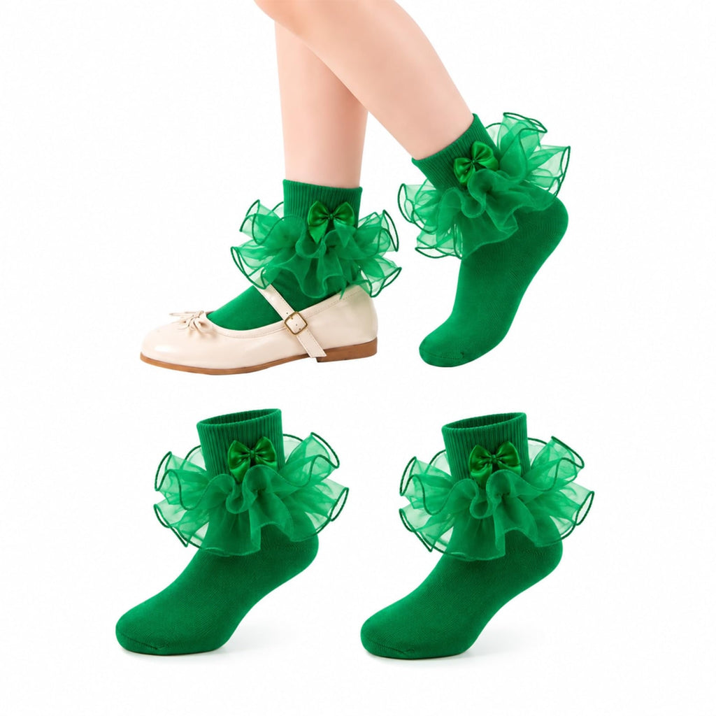 Calcetines Nina Volantes Encaje Tutu Doble Capa Lazo Cinta 3D Verde Esmeralda Algodon Organza Princesa Navidad San Patricio  (1 - 10T)