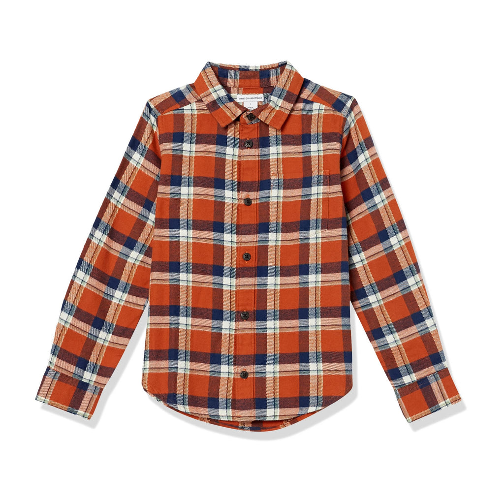 Amazon Essentials Camisa Franela Niño | Cuadros Terracota/Navy/Crema • Manga Larga • 100% Algodón