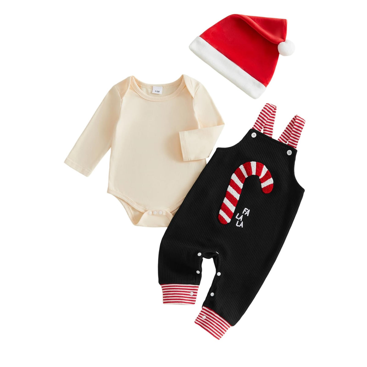 Fa La La Newborn Set | Conjunto 3 Piezas Bebé — Body Crema + Overol Negro + Bastón de Caramelo + Gorro Papa Noel
