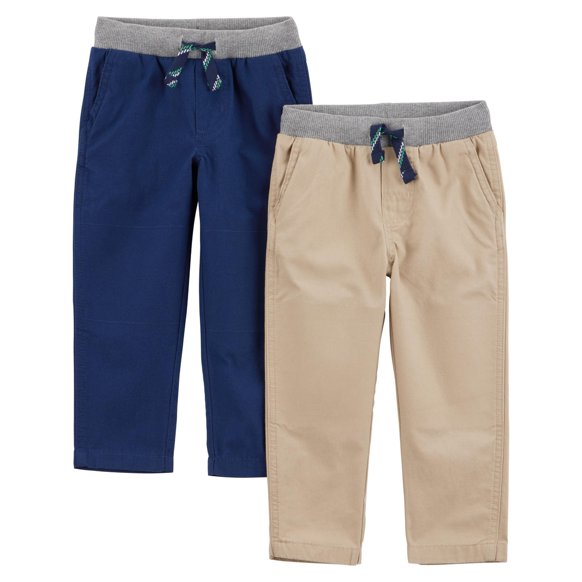 Simple Joys by Carter's Pack 2 Pantalones Pull-On Niño | Corte Cónico Clásico — Kaki Claro + Azul Marino • Cintura Elástica con Cordón