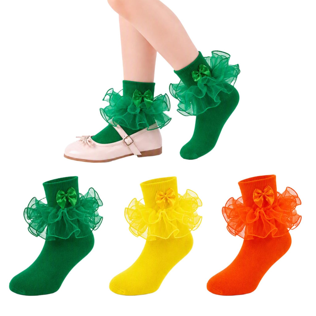 Calcetines Nina Pack 3 Pares Volantes Encaje Tutu Doble Capa Lazo Cinta 3D Verde Amarillo Naranja Organza Princesa Verano Halloween (1 - 10T)